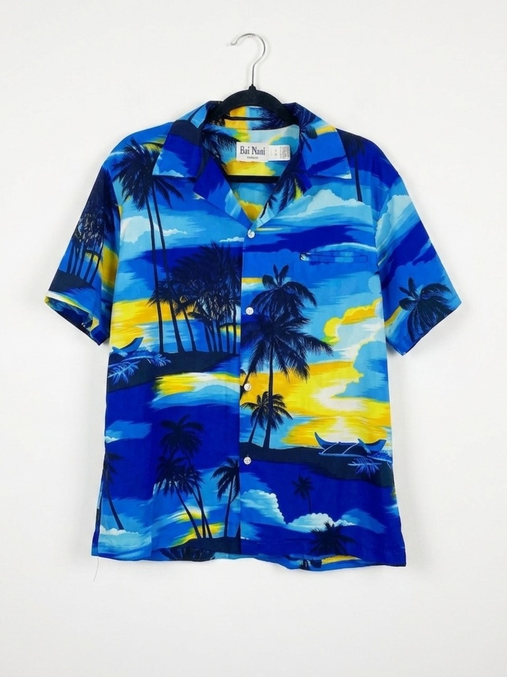 Vintage‎ Kai Nani Hawaii Tropical Sunset Outrigger Canoe Aloha Shirt Large Blue